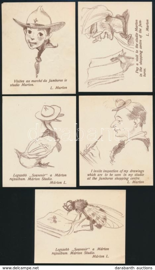 1933 Gödöllő Jamboree Márton Lajos Rajzalbumának Reklámkártyái 5 Db Különféle. / 1933 Gödöllő Jamboree Commercials For M - Scoutisme