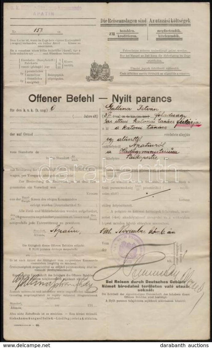 1918 Apatin, Nyílt Parancs Az Apatini (Délvidék) Katonai Tanács Futára Számára A Budapesti Hadügyminisztériumba Utazásho - Other & Unclassified