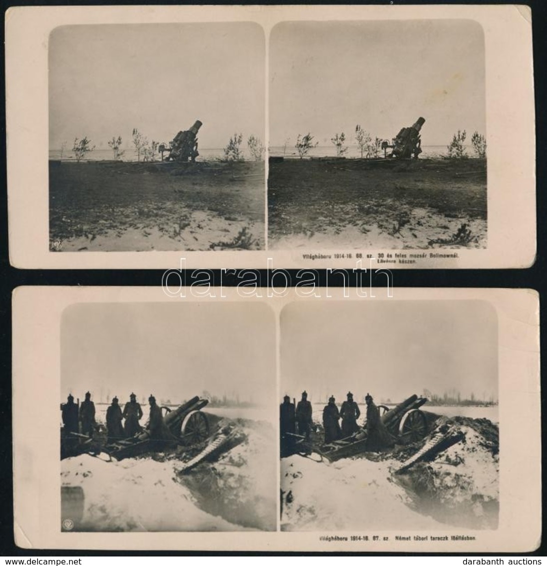 1914-1916 I. Világháborús ágyúk, 2 Db Sztereófotó, Felirattal, Felületén Törésnyomok, 8,5×17,5 Cm - Sonstige & Ohne Zuordnung