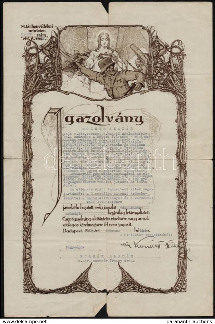 1928 Przemyslnél Harcolt Katona Hőstetteit Elismerő Oklevél. Szakadással - Other & Unclassified