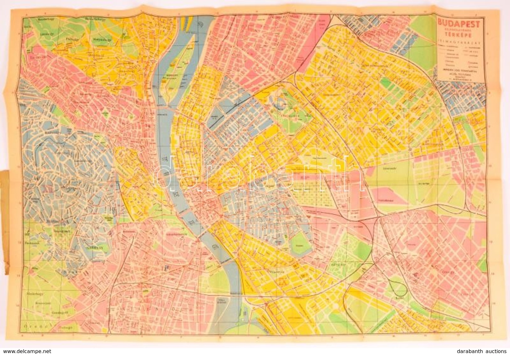 1943 Budapest útmutatója A Belterület Térképével, Autóbusz és Villamos Vonalak, Szakaszhatárok Jelzése, 50×68 Cm - Andere & Zonder Classificatie