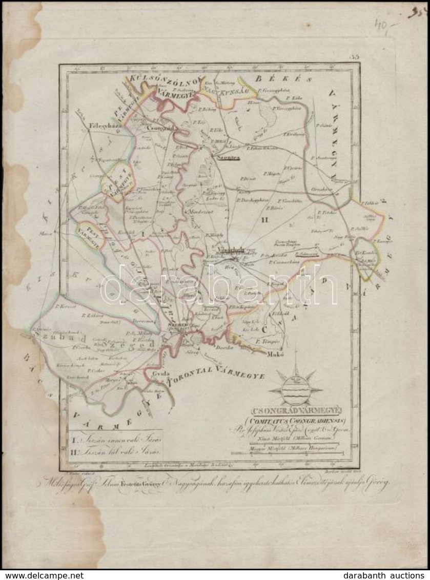 1801 Csongrád Vármegye. Comitatus Csongrádiensis. Színezett Rézmetszet, Papír, 26x34 Cm A Vármegye Közigazgatási Térképe - Andere & Zonder Classificatie