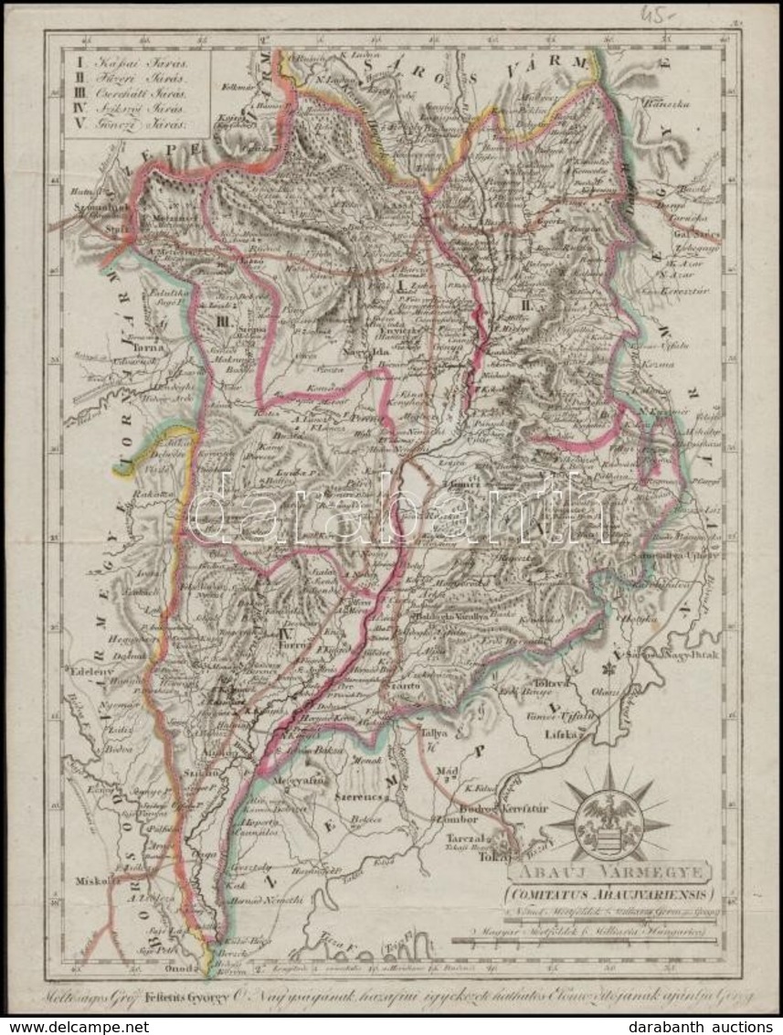 Cca 1802 Abauj Vármegye. Comitatus Abaujiensis. Színezett Rézmetszet, Papír, 24x30 Cm A Vármegye Közigazgatási Térképe é - Andere & Zonder Classificatie