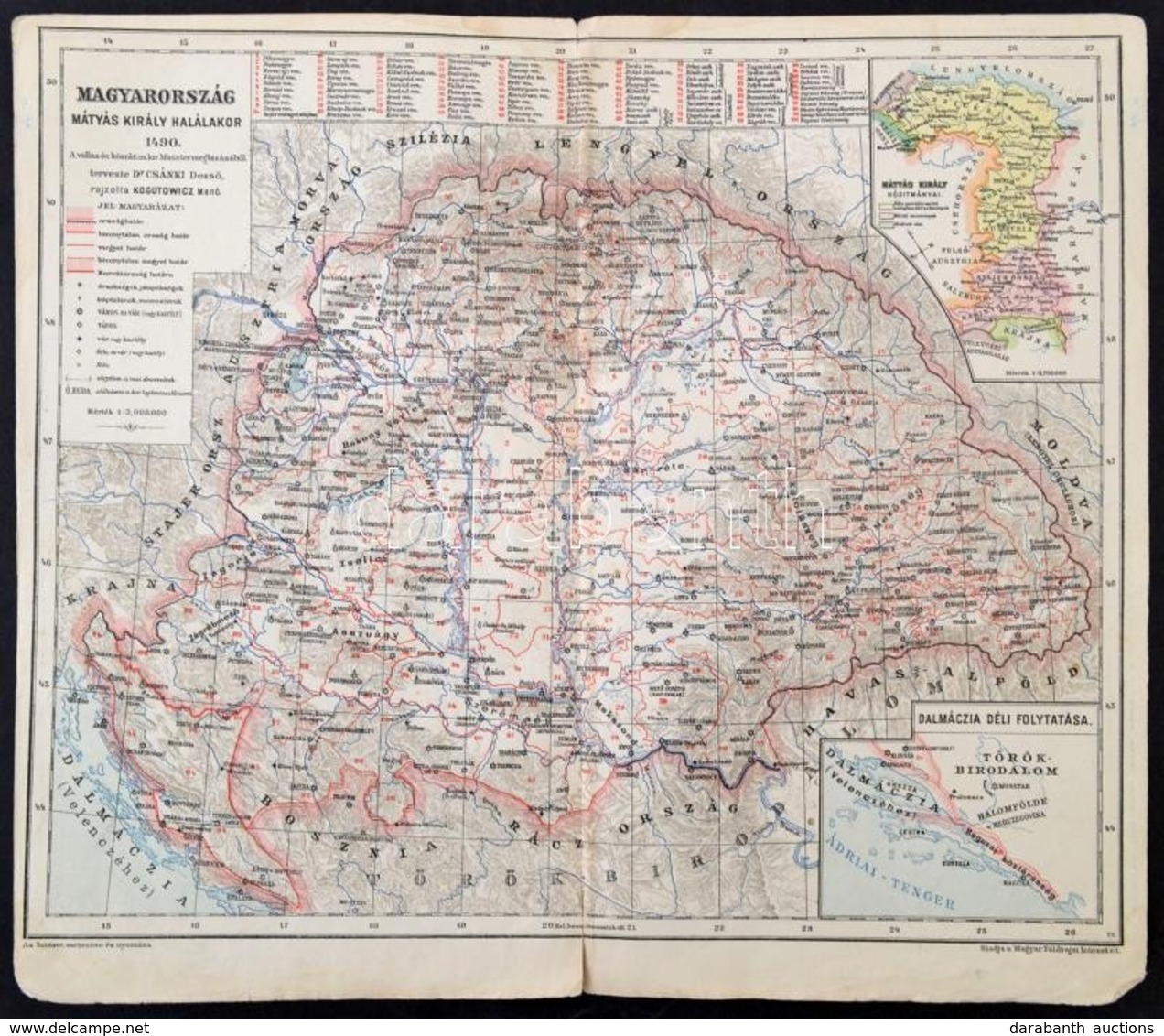 Magyarország Mátyás Király Halálakor 1490, Rajzolta: Kogutowicz Manó, Kiadja: Magyar Földrajzi Intézet Rt., 30×34 Cm - Andere & Zonder Classificatie