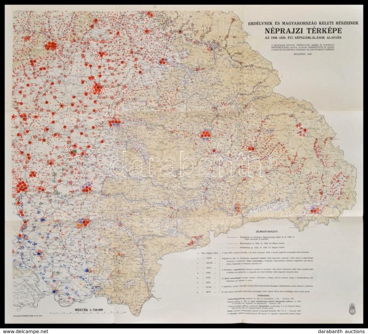 1940 Erdélynek és Magyarország Keleti Részeinek Néprajzi Térképe Az 1930-1939. évi Népszámlálás Alapján, 1:75.000. Bp.,  - Autres & Non Classés