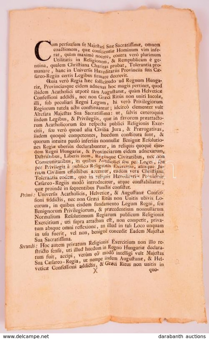 Cca 1782 II. József Türelmi Rendeletének Nyomtatott Szövege, Külzetén Feljegyzéssel, 8. P. - Unclassified