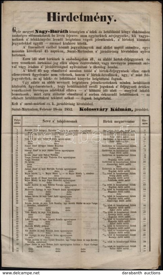 1852 Nagy Barát Község Kezdeti Telekkönyvi összeírása. A Helyi Birtokosok Névjegyzéke és Hirdetmény A Jelentkezésre. 8p. - Ohne Zuordnung