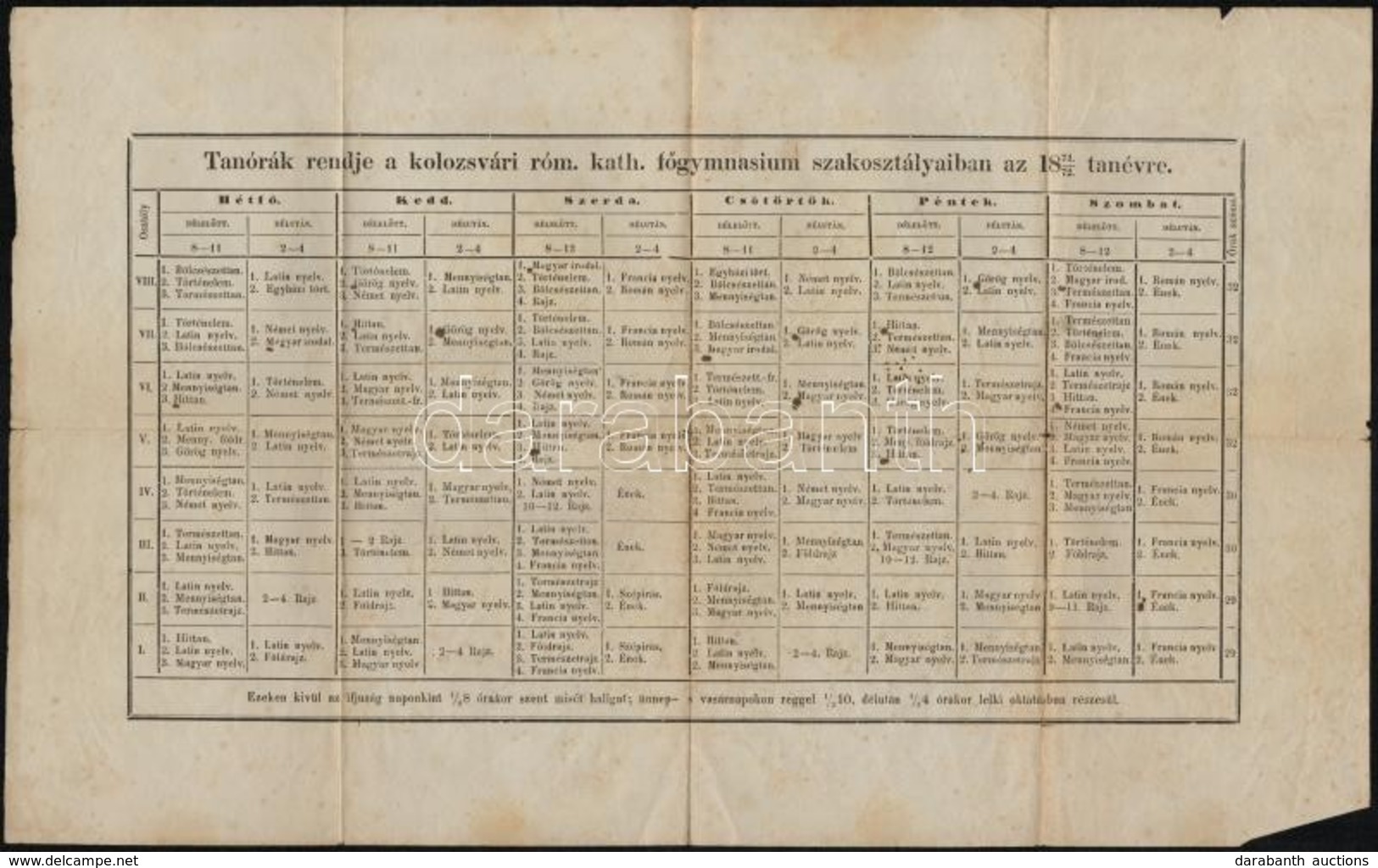 1871 Kolozsvár Róm. Kath Főgimnázium órarendje 47x26 Cm - Unclassified