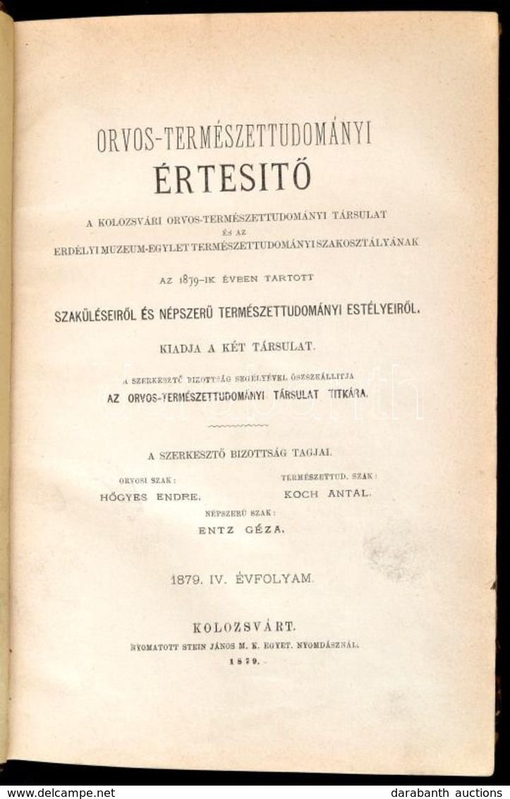 1879 Az Orvos-természettudományi Értesítő 4. évf., Kolozsvár. Kissé Kopott Félbőr Kötésben, Jó állapotban. - Ohne Zuordnung