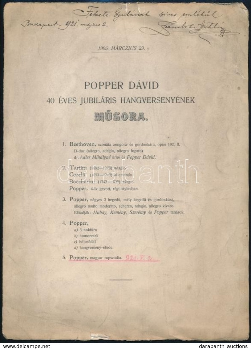 1905 Popper Dávid 40 éves Jubiláris Hangversenyének Műsora, Rajta Zsámboki Miklós (1890-1961) Gordonkaművész. Popper Dáv - Non Classés