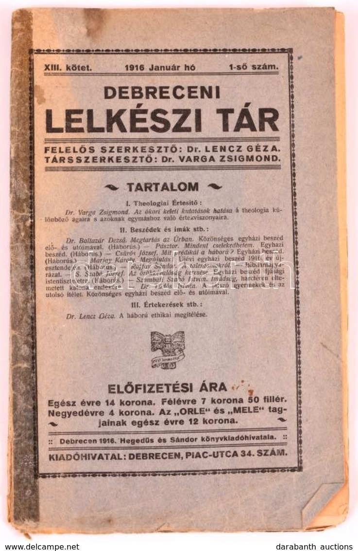 1916 A Debreceni Lelkészi Tár 13. évf. 1. Száma, érdekes írásokkal, Ragasztott Papírkötésben - Zonder Classificatie