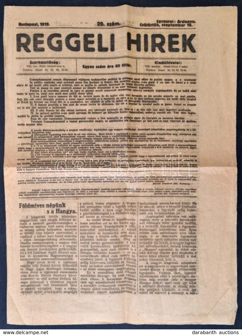 1919 A Reggeli Hírek C. újság Szept. 18. Száma Román Cenzúrával - Ohne Zuordnung