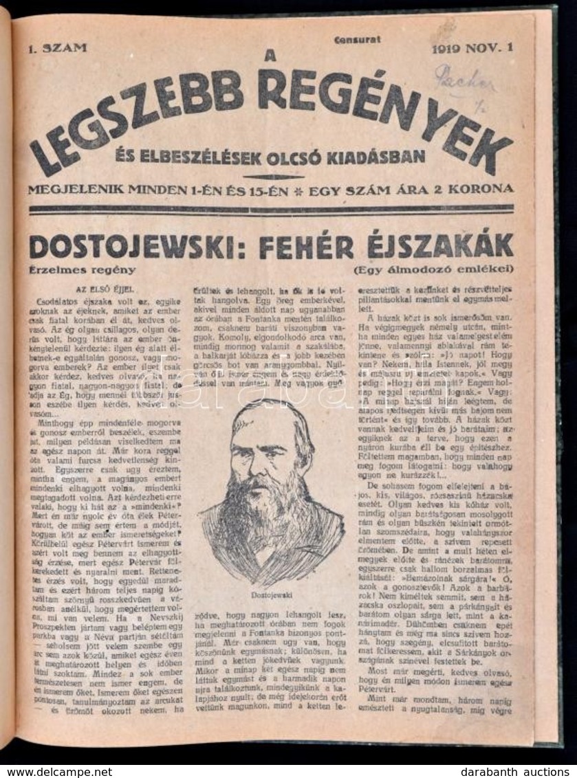 1919 A Legszebb Regények és Elbeszélések Olcsó Kiadásban, 1. Sz. (nov. 1.), Későbbi Félvászon Kötésben, Jó állapotban - Ohne Zuordnung