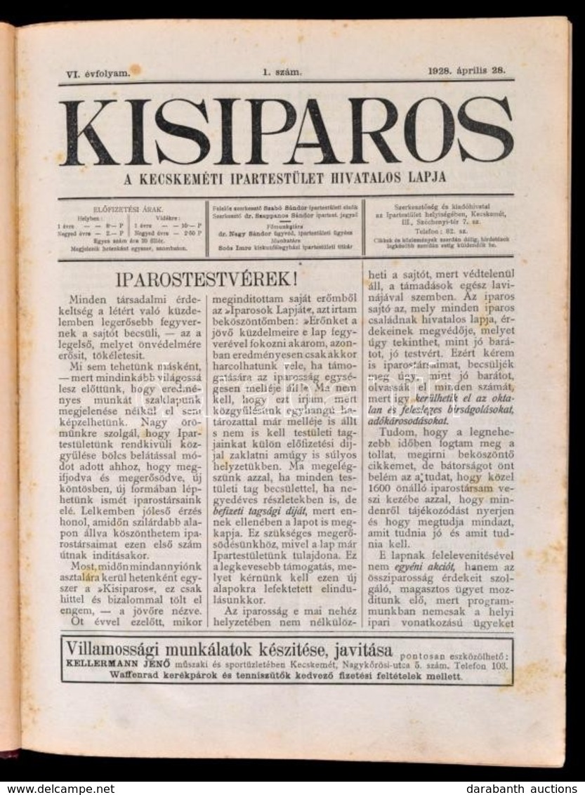 1928-1929 Kisiparos. Kecskeméti Ipartestület és Ipartestületek Kecskeméti Körzetének Hivatalos Lapja. Szerk.: Szabó Sánd - Unclassified