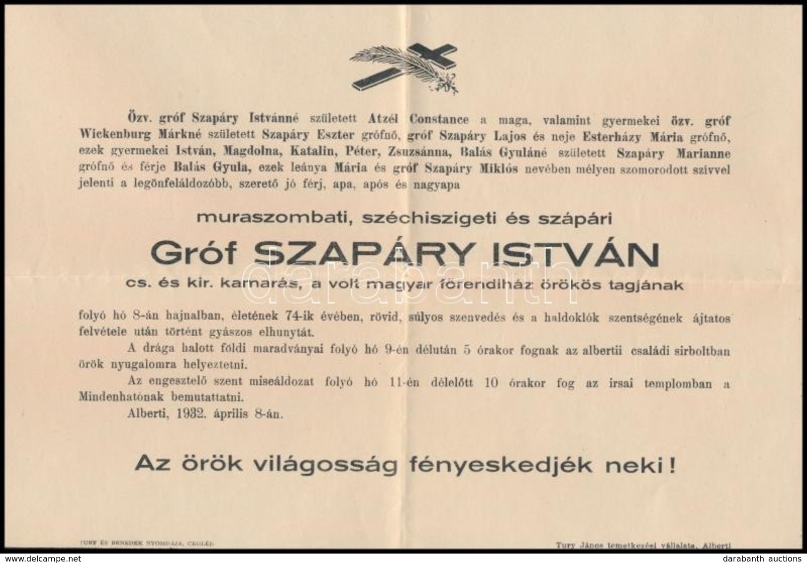 1932 Gróf Szapáry István Halálozási értesítője - Non Classés