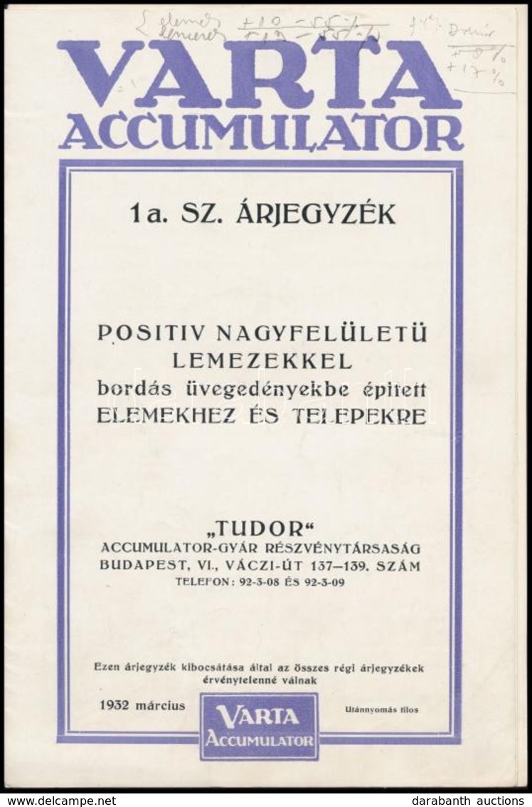 1932 Tudor Accumulator-Gyár Részvénytársaság árjegyzékei: Varta Accumulator 1 A. Sz. árjegyzék, Deac Fémakkumulatorok, 4 - Unclassified