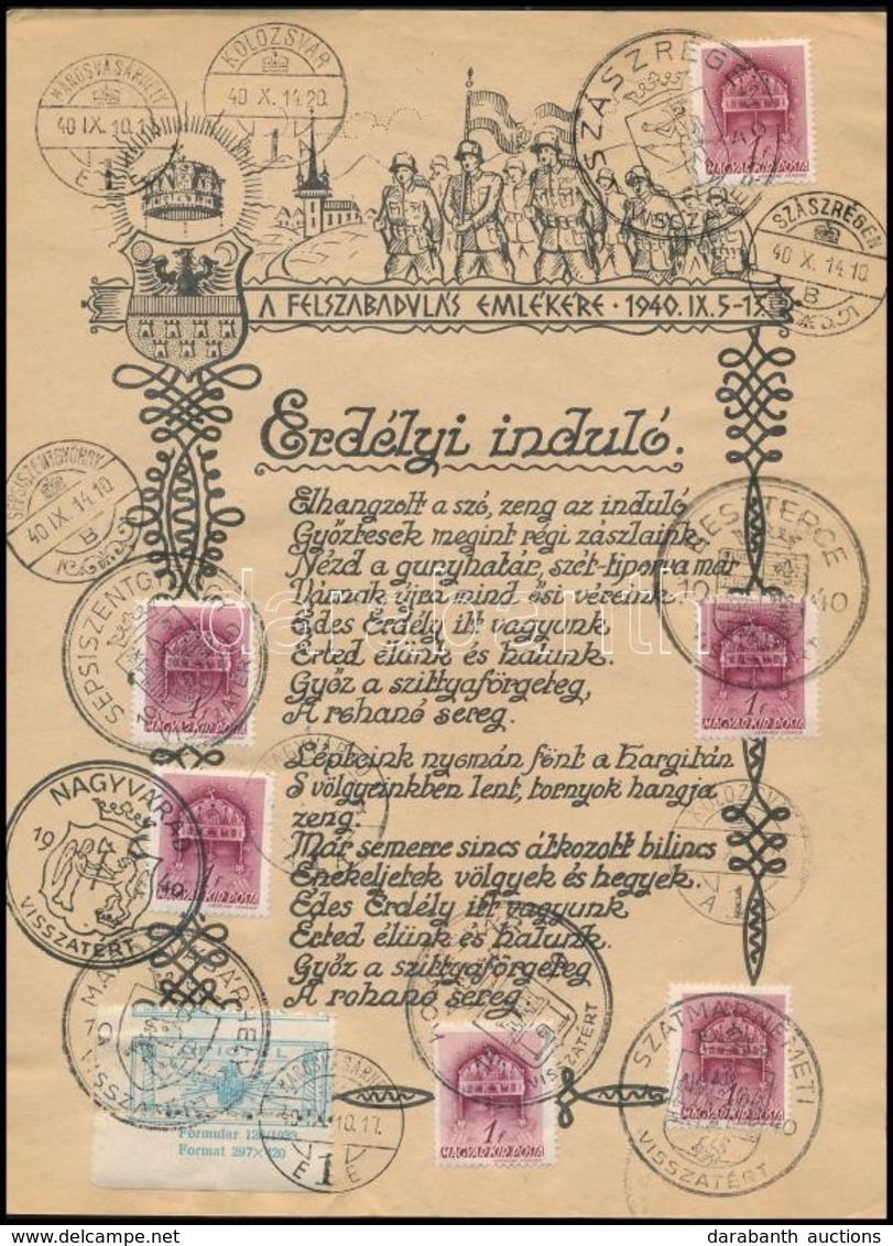 1940 Erdélyi Induló. A Felszabadulás Emlékére. Alkalmi Bélyegzésekkel és Bélyegekkel 16x21 Cm - Unclassified