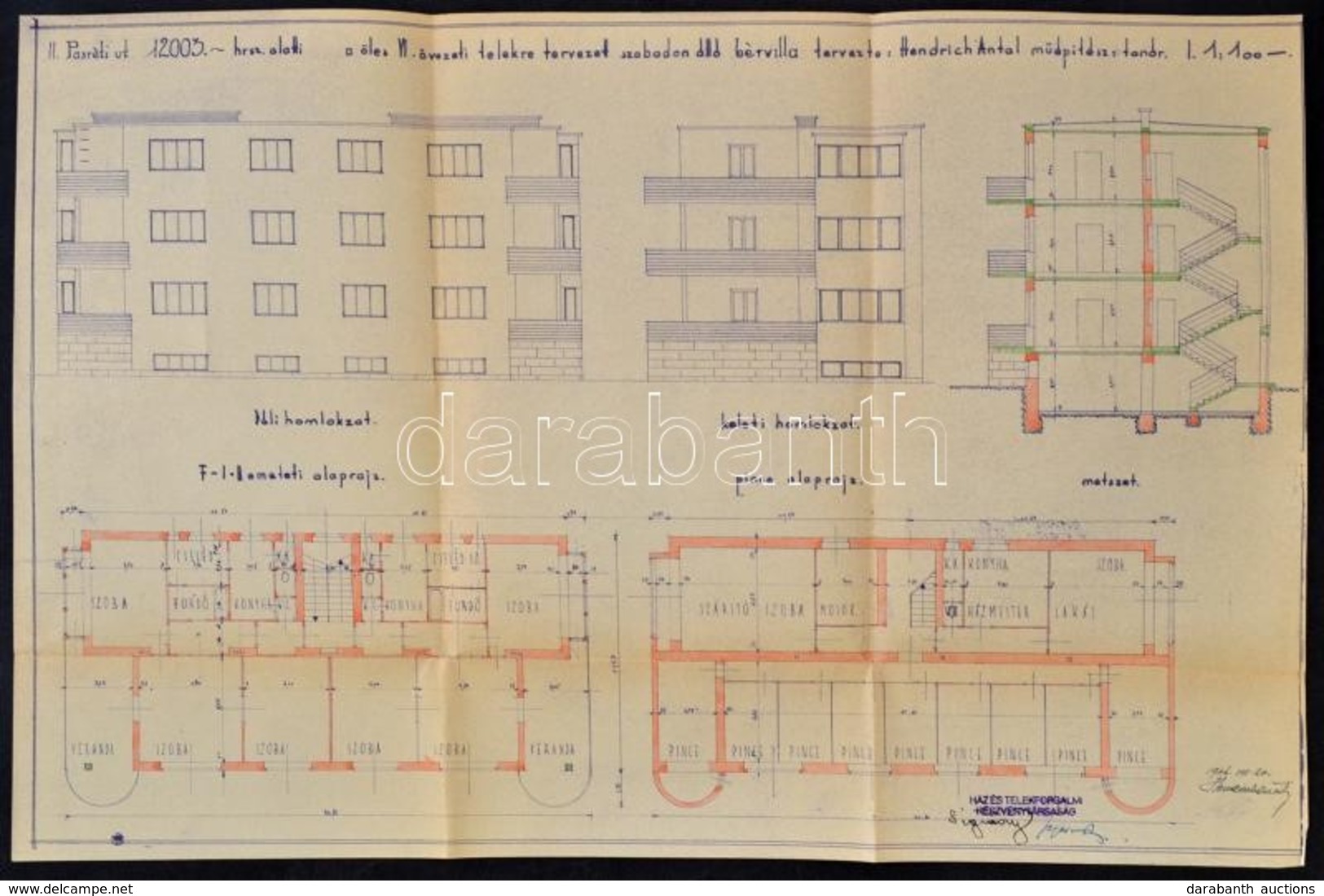 1946 Hendrich Antal Műépítész Tanár által A Pasaréti út 67. Számra Tervezett Bérvilla Tervrajza,(déli-, Keleti- Homlokza - Zonder Classificatie
