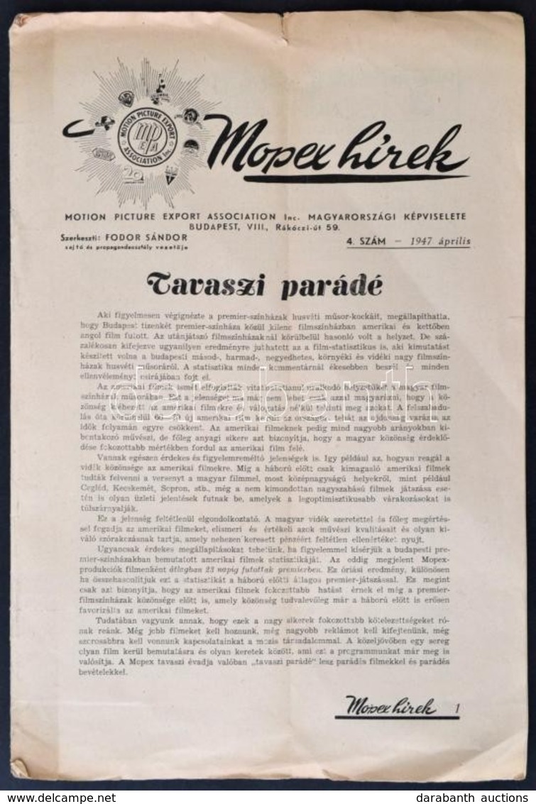 1947 Mopex Hírek. 1947. 4. Szám. Szerk.: Fodor Sándor, Szakadt, 12 P. - Ohne Zuordnung