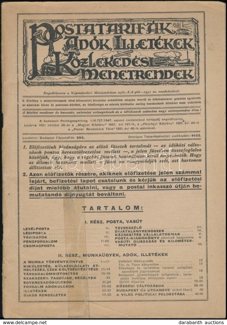 1951 Postatarifák, Adók, Illetékek, Közlekedési Menetrendek, 42p - Zonder Classificatie