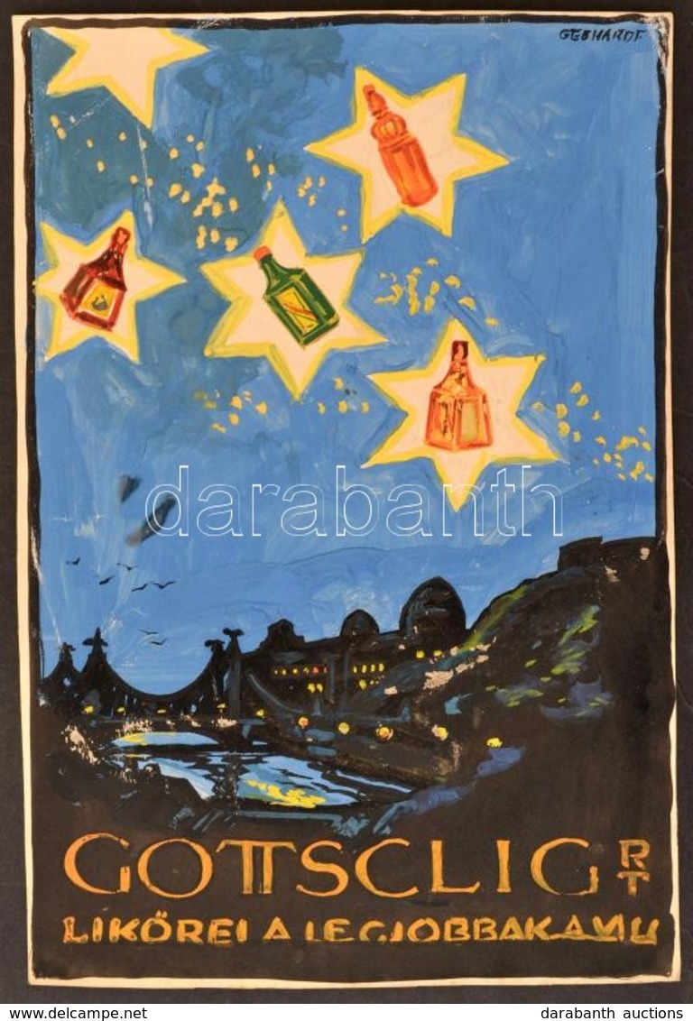 Gönczi-Gebhardt Tibor (1902-1994):  Gottschlig Likőrei A Legjobbak... Reklám Plakát Terv. Akvarell, Papír. 17x25 Cm - Autres & Non Classés