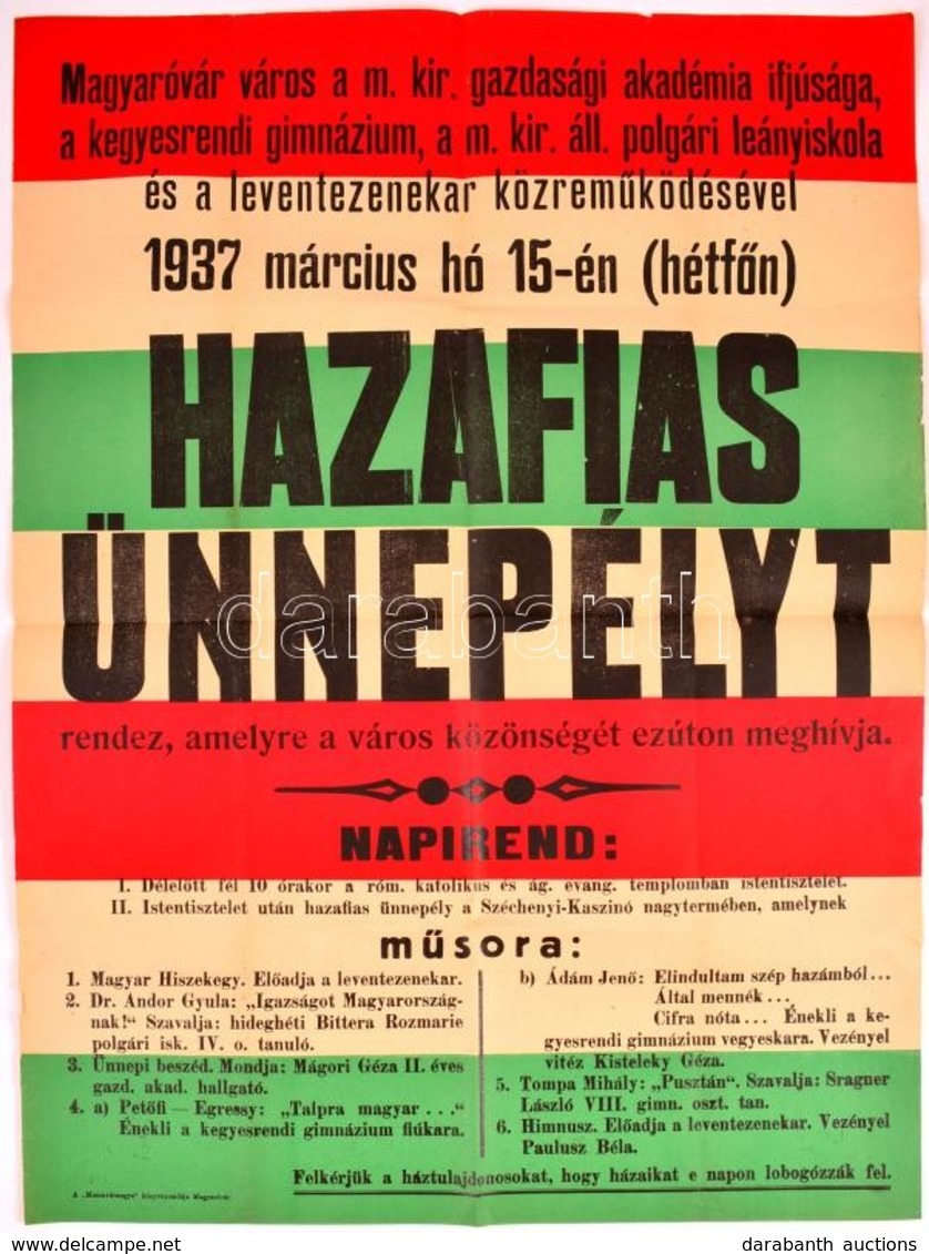 1937 Magyaróvár Hazafias Népünnepély Plakátja 46x60 Cm - Autres & Non Classés