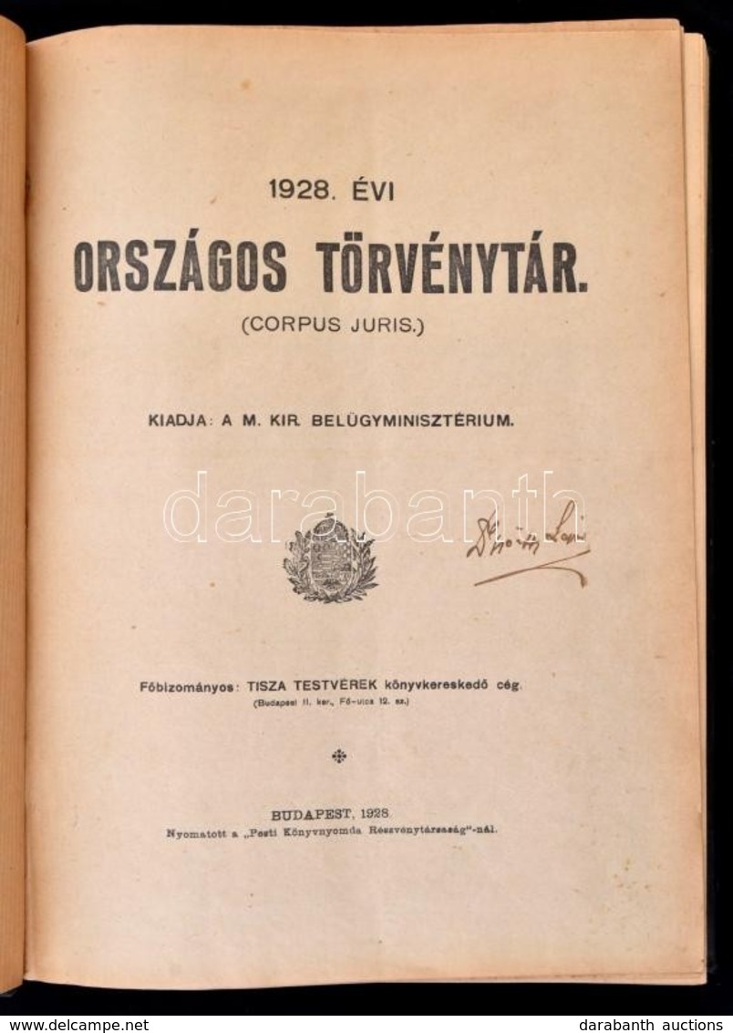 1928 évi Országos Törvénytár. Corpus Juris. Bp., 1928. Belügyminisztérium 585p. Korabeli Félvászon Kötésben - Non Classés