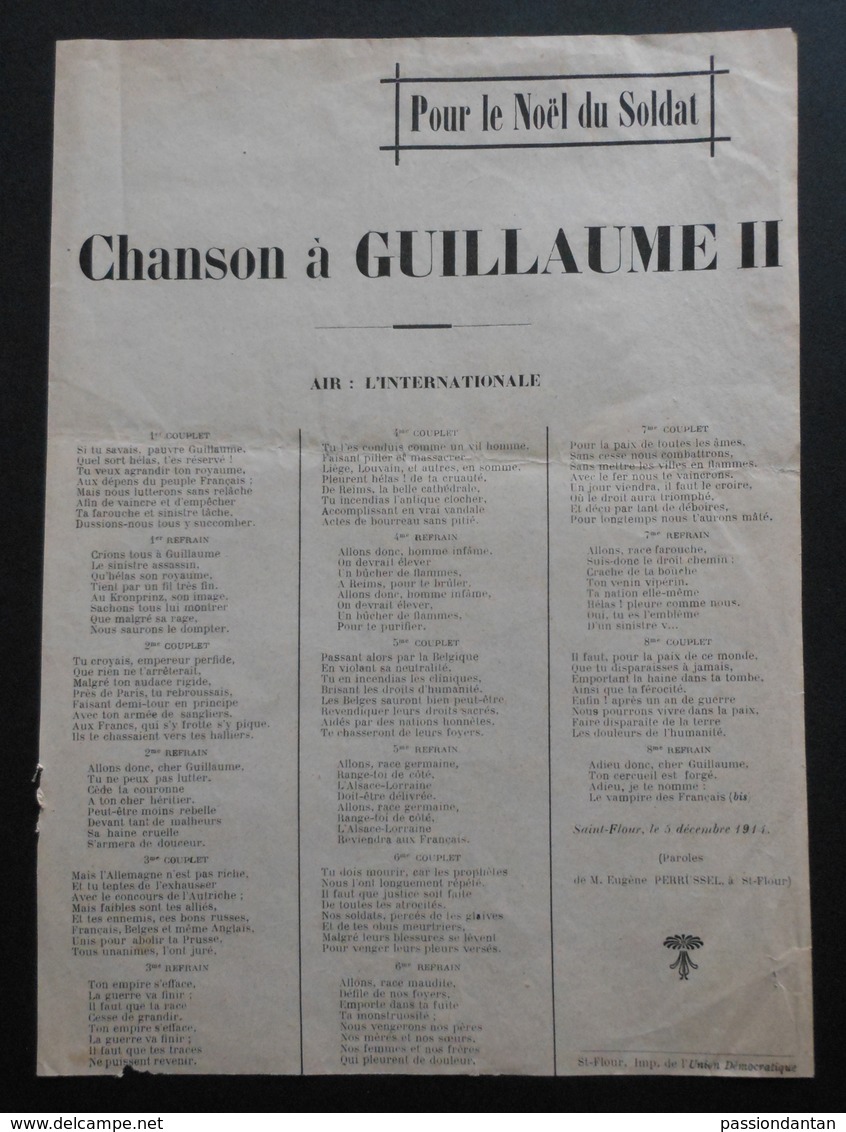 Partition Musicale - Chanson D'Eugène Perrussel - Pour Le Noël Du Soldat - Chanson à Guillaume II - Partitions Musicales Anciennes