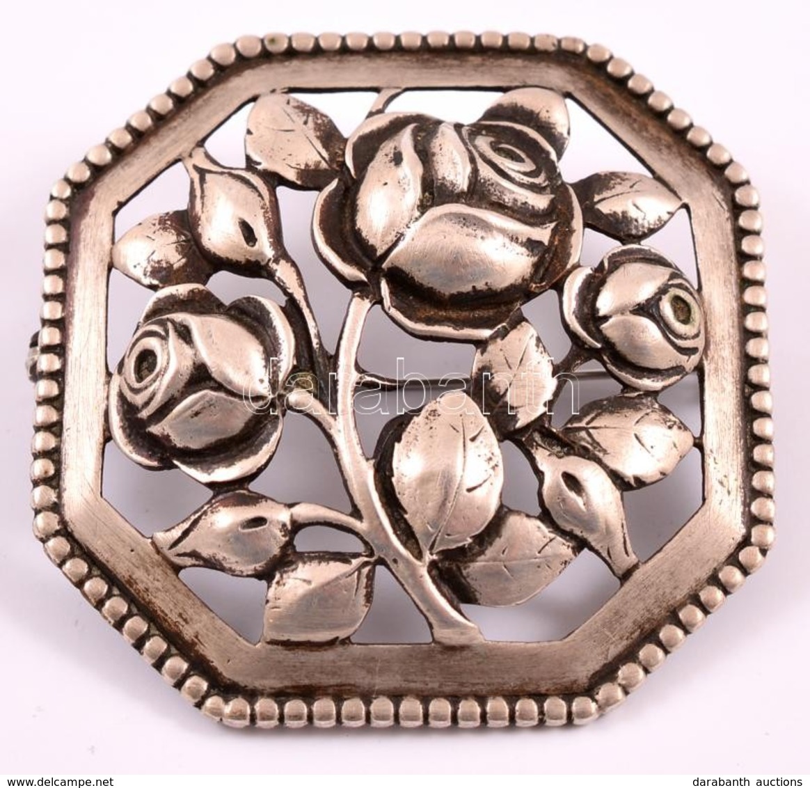 Ezüst(Ag) Rózsás Bross, Jelzett, 4×4 Cm, Nettó: 12,2 G - Autres & Non Classés