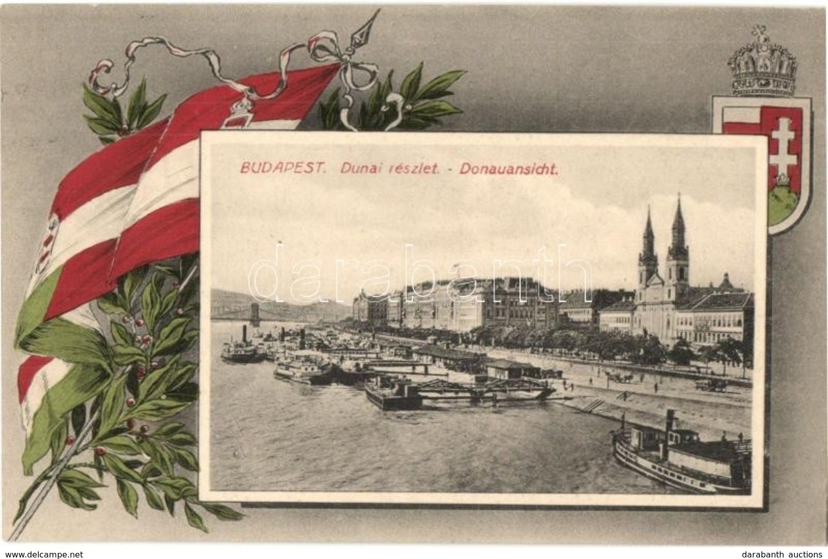 T2 1915 Budapest V. Duna Részlet, Rakpart, Gőzhajók, Ferences Templom. Magyar Zászlós és Címeres Keret / Hungarian Flag  - Unclassified