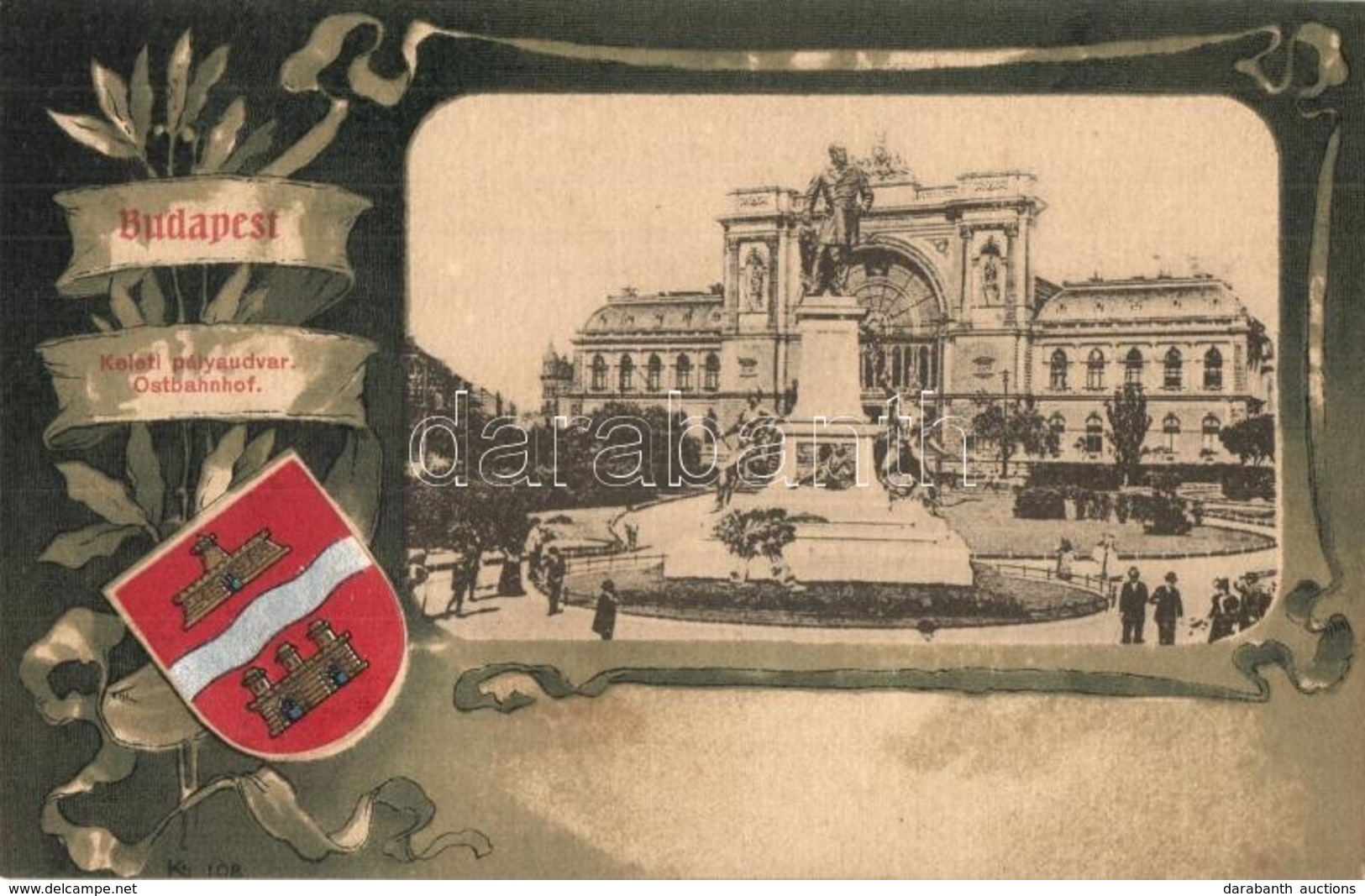 ** T1/T2 Budapest VII. Keleti Pályaudvar, Vasútállomás, Baross Szobor. Címeres Art Nouveau Litho Keret - Unclassified