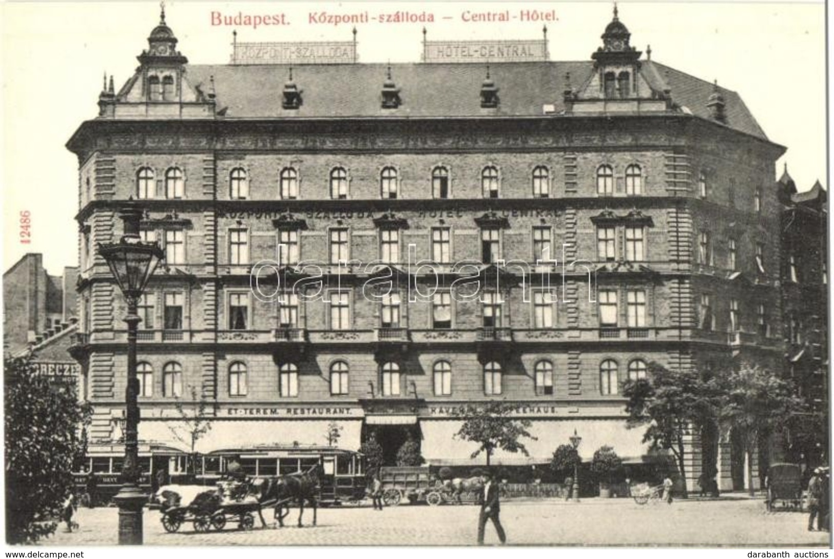 ** T1/T2 Budapest VII. Hotel Központi Szálloda és étterem, Kávéház, Villamos. Taussig A. 12486. - Zonder Classificatie