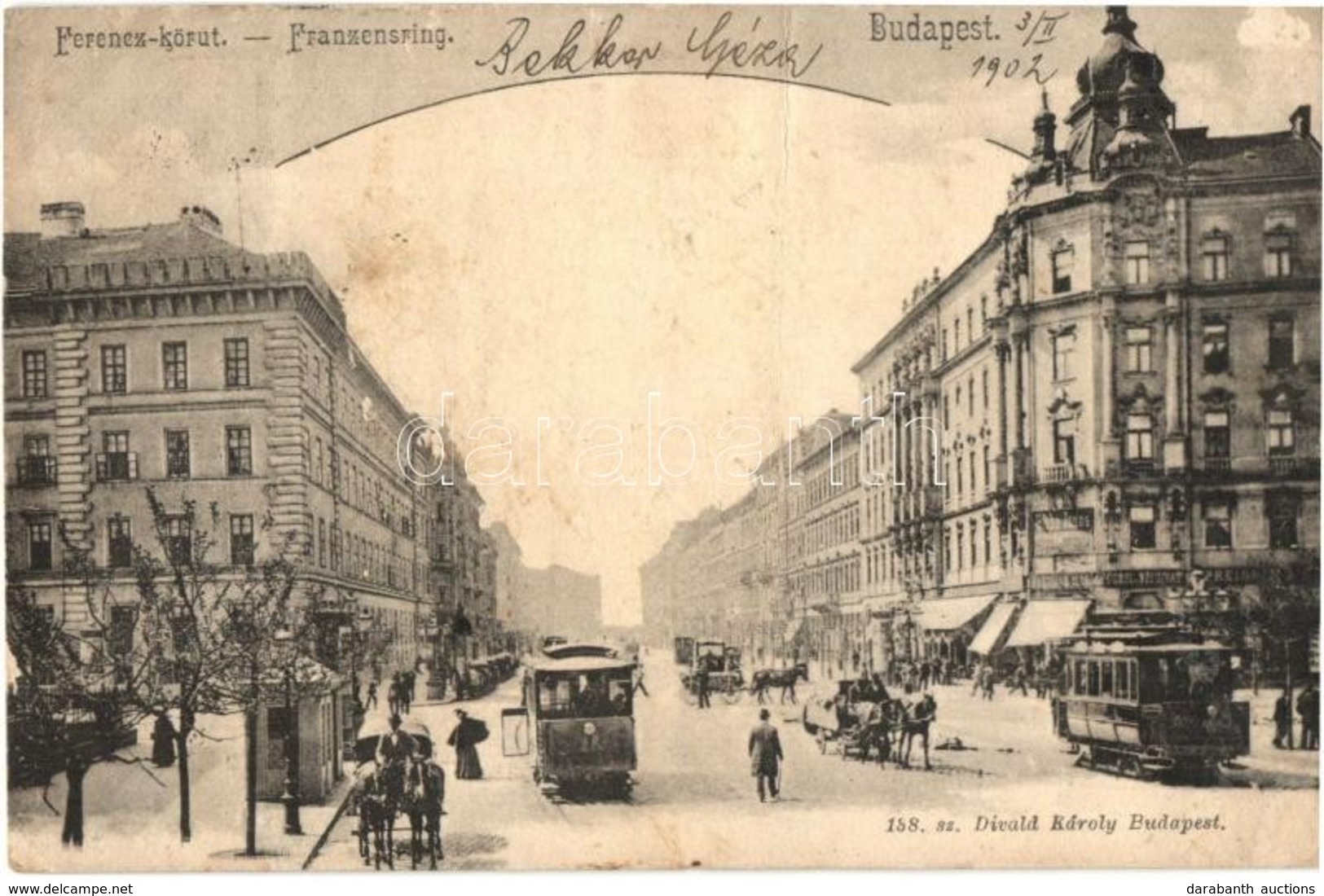 * T3/T4 1902 Budapest IX. Ferenc Körút, Villamos, üzletek, Lovaskocsik. Divald Károly 138. Sz. (fa) - Zonder Classificatie