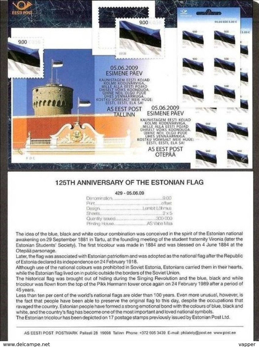 Flags Estonia 2009  Stamp  Presentation Card (engl) Estonian National Flag, 125th Anniversary Ni 640 - Francobolli