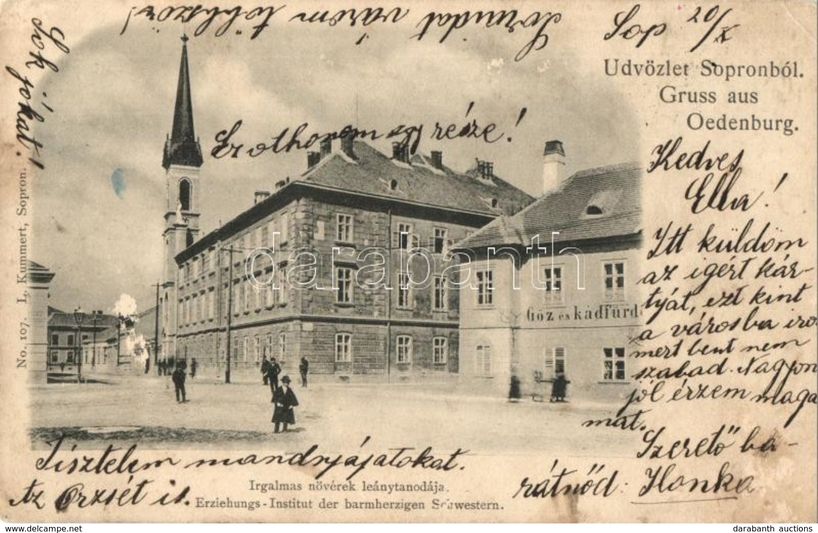 T3 1899 Sopron, Oedenburg; Irgalmas Nővérek Leánytanodája, Gőz és Kádfürdő. Kiadja L. Kummert No. 107. (enyhén ázott Sar - Zonder Classificatie