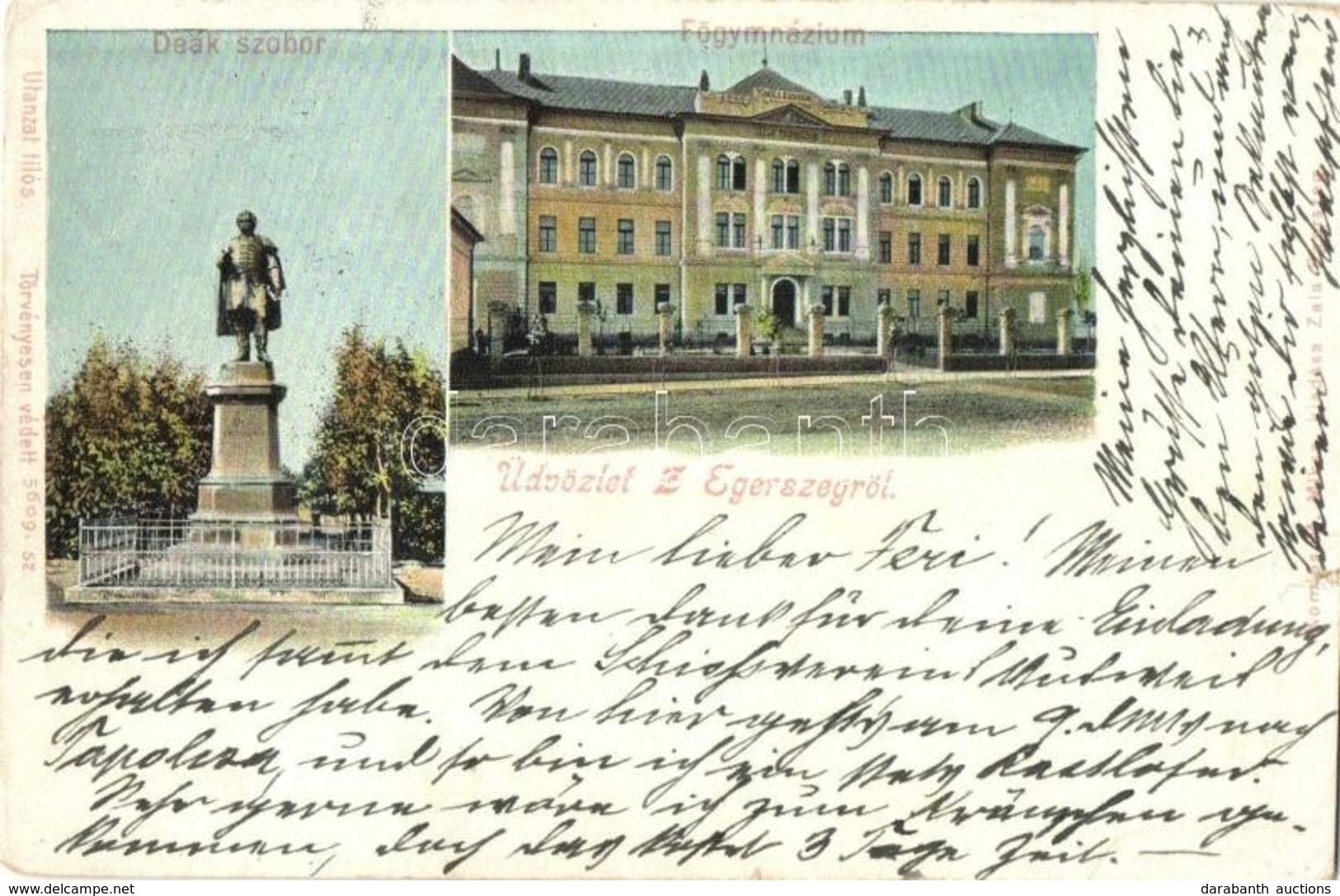 * T2/T3 1901 Zalaegerszeg, Gimnázium, Deák Szobor. Kiadja Komlós M. Miksa 5609. Sz. (kis Szakadás / Small Tear) - Unclassified