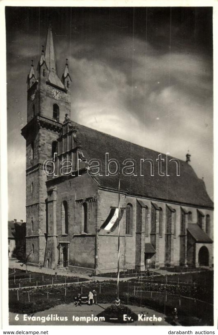 ** T2/T3 Beszterce, Bistritz, Bistrita; Evangélikus Templom, Magyar Zászló / Church, Hungarian Flag  (ragasztónyom / Glu - Ohne Zuordnung