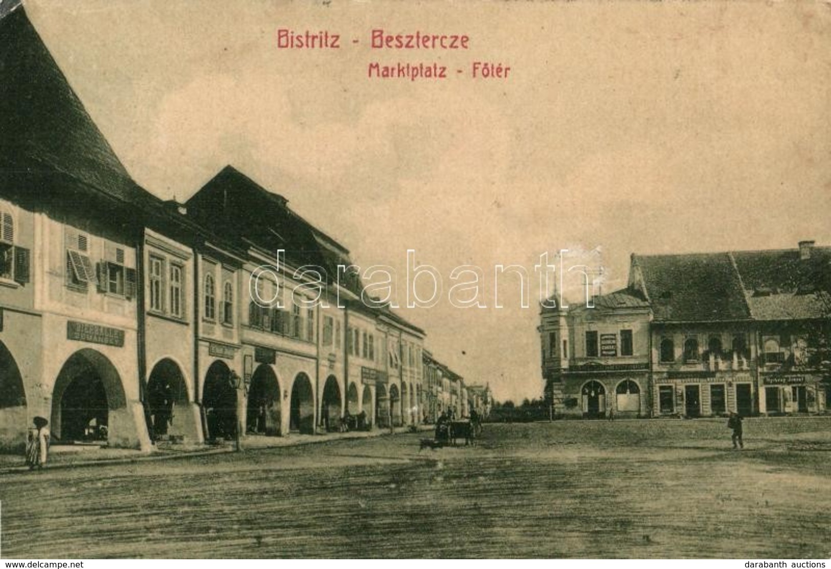 * T2/T3 1908 Beszterce, Bistritz, Bistrita; Fő Tér, Zemansky Sörcsarnok, Friedmann, Carl Lebkuchner és Nyitray József üz - Zonder Classificatie