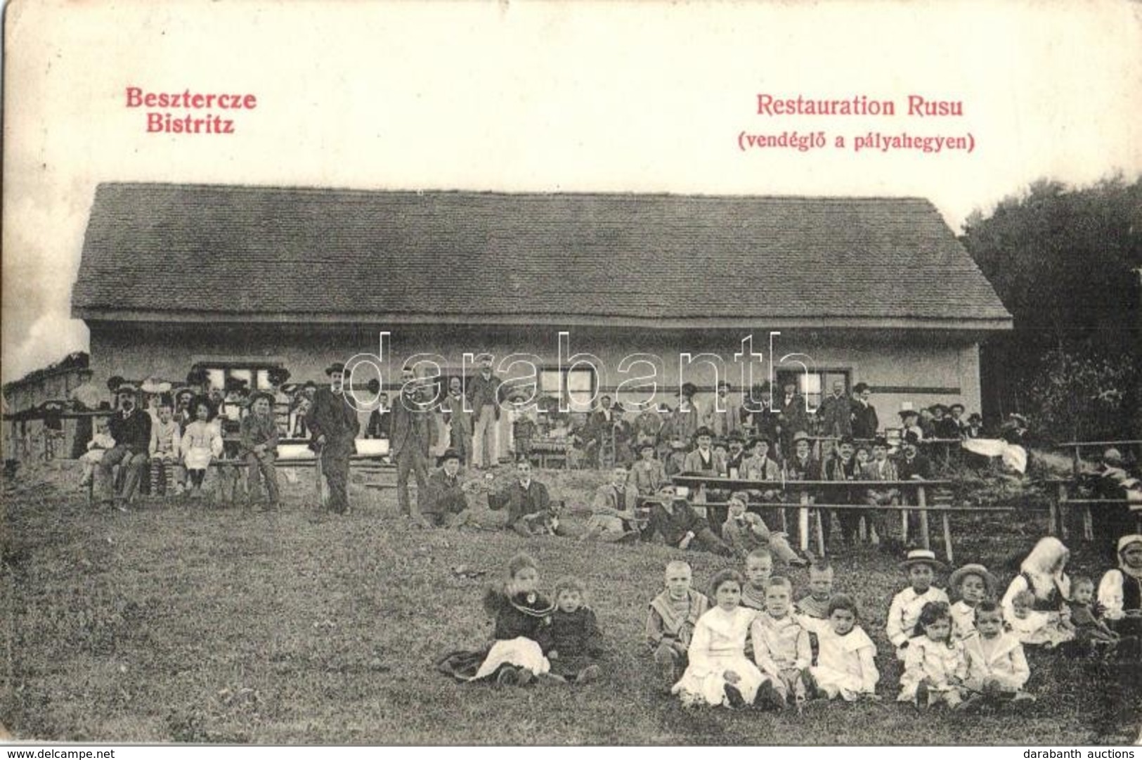 T2/T3 1914 Beszterce, Bistritz, Bistrita; Rusu étterem és Vendéglő A Pályahegyen. Csoportkép / Restauration Rusu / Resta - Ohne Zuordnung