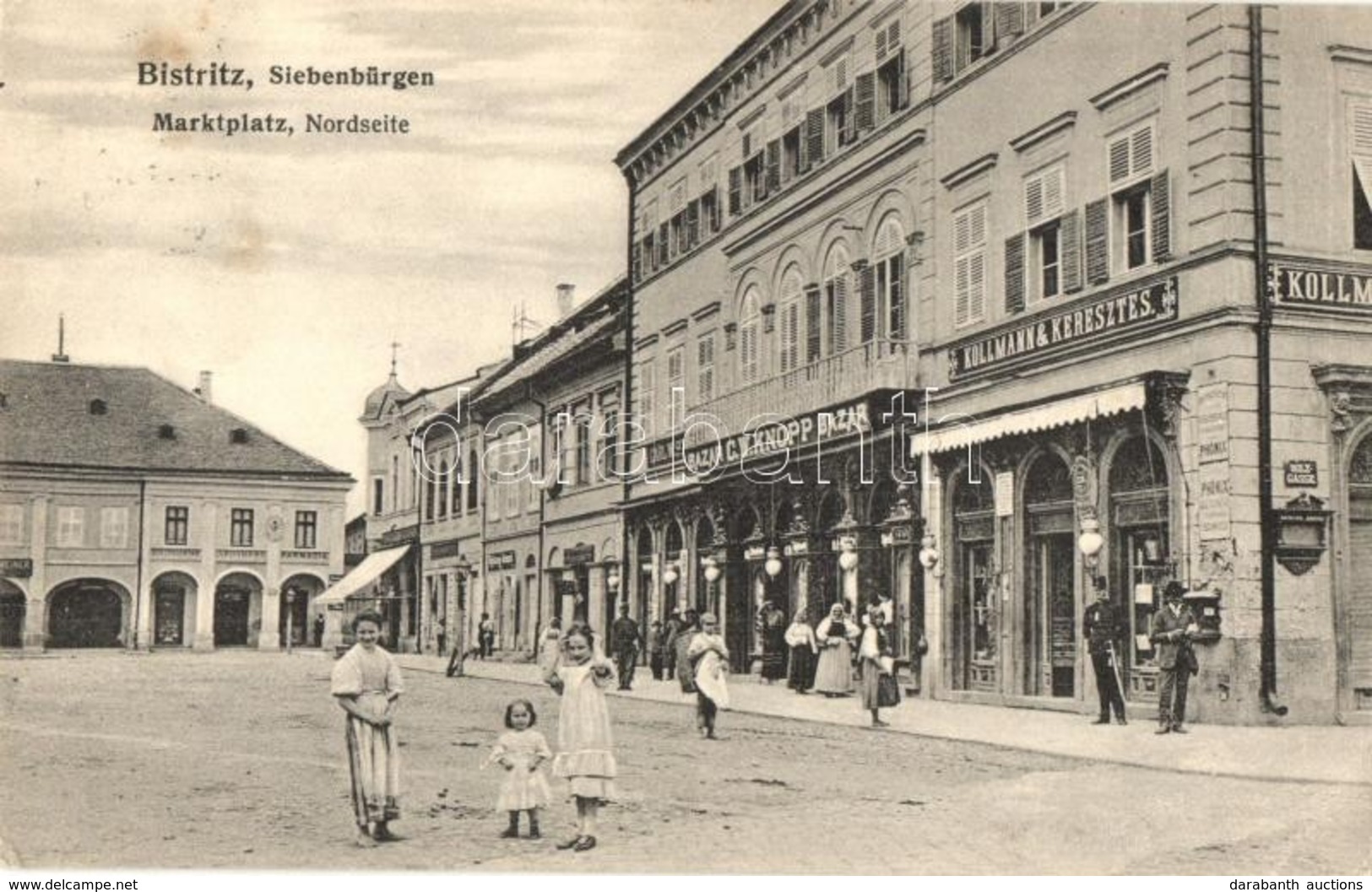 T2/T3 1911 Beszterce, Bistritz, Bistrita; Marktplatz Nordseite, Apotheke / Piac Tér északról, C. W. Knopp Bazár, Kollman - Ohne Zuordnung