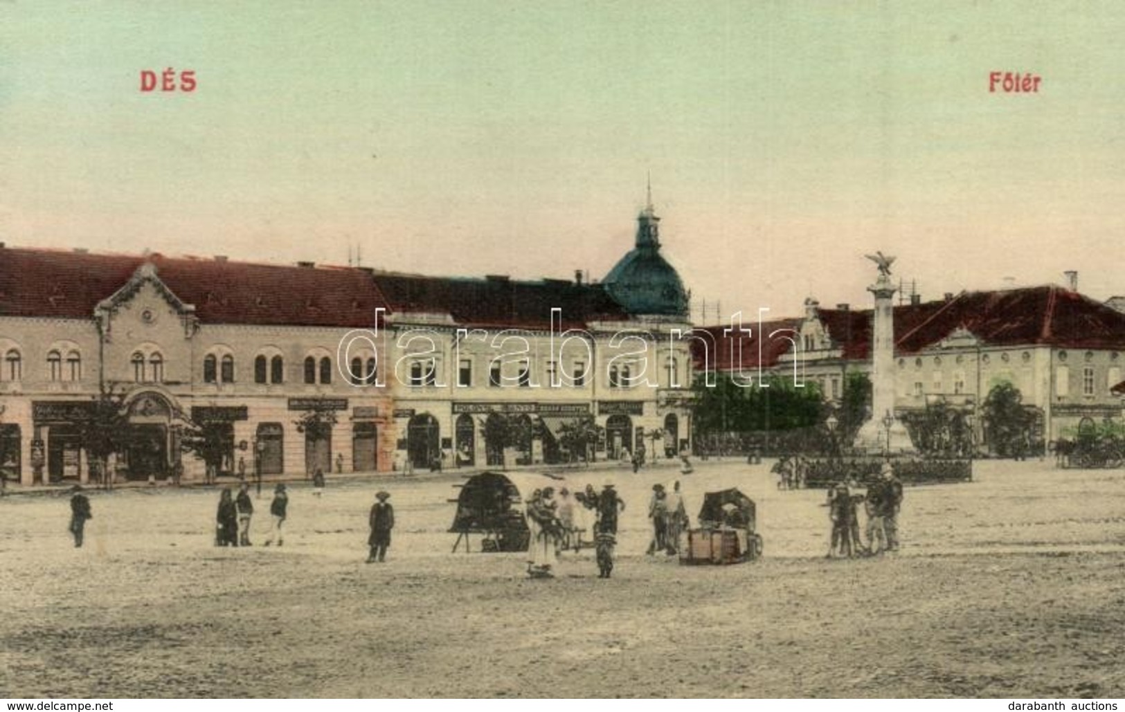 T2 1910 Dés, Dej; Fő Tér, Milleniumi Emlékmű, Népbank, Polonyi és Kanyó, Rehák Ágoston, Bakó Mihály és Pollák üzlete, Gy - Non Classés