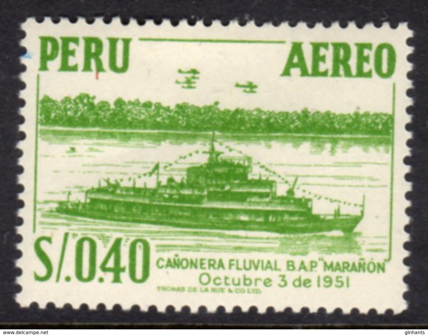 PERU - 1952 GUNSHIP MARANON 40c STAMP FINE MOUNTED MINT MM * SG784 - Peru