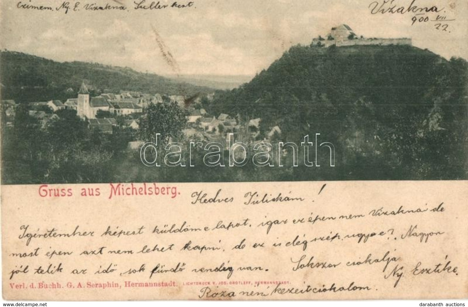 T4 1900 Kisdisznód, Michelsberg, Cisnadioara; Látkép, Templom, Vár. G. A. Seraphin, Jos. Drotleff Kiadása / General View - Zonder Classificatie