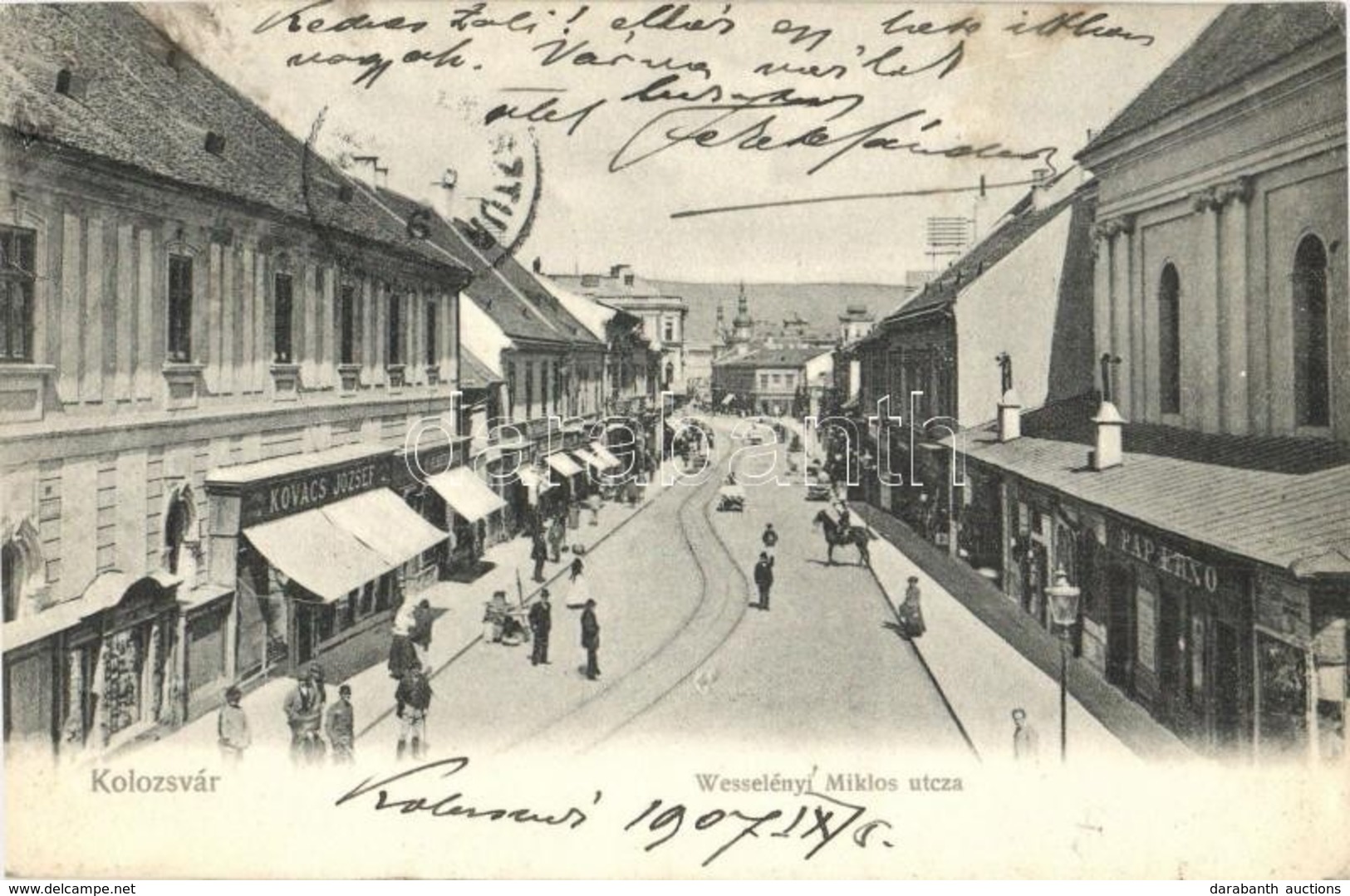 T3 1907 Kolozsvár, Cluj; Wesselényi Miklós Utca, Kovács József és Pál Ernő üzlete / Street View With Shops (lyuk / Hole) - Non Classés