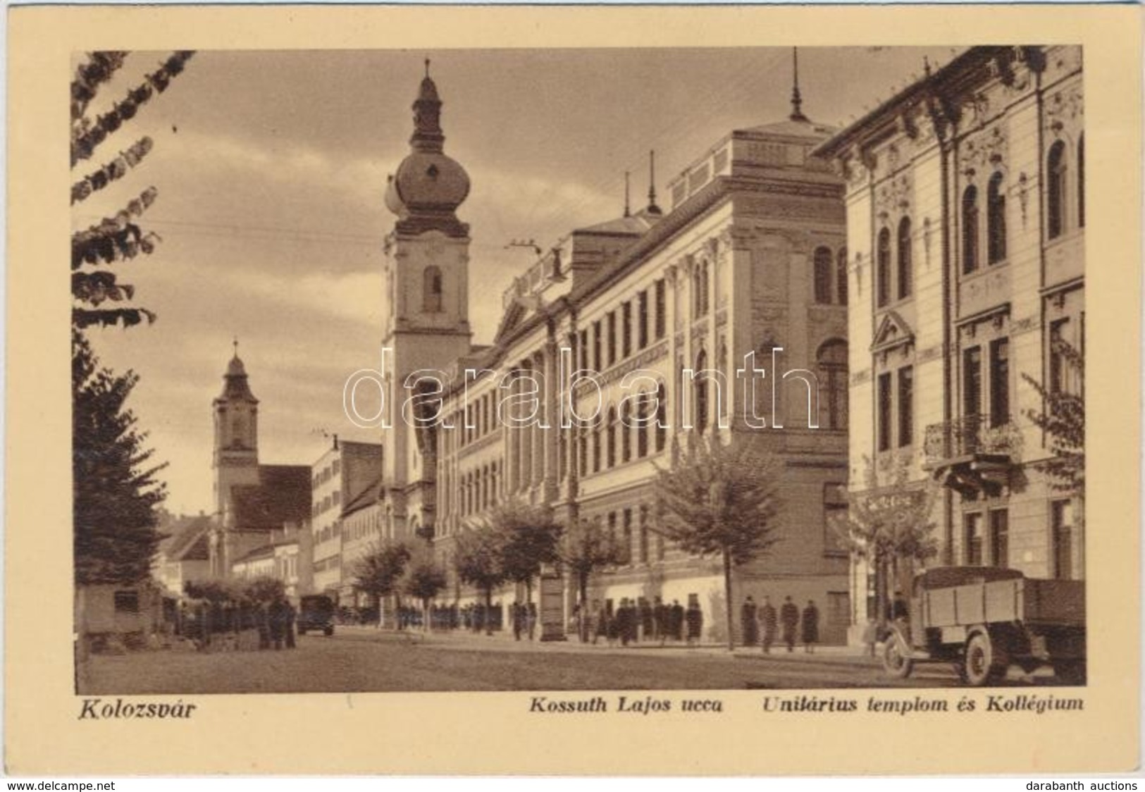 ** T1/T2 Kolozsvár, Kossuth Lajos Utca, Unitárius Templom és Kollégium, Teherautó / Street, Church And Boarding School,  - Ohne Zuordnung