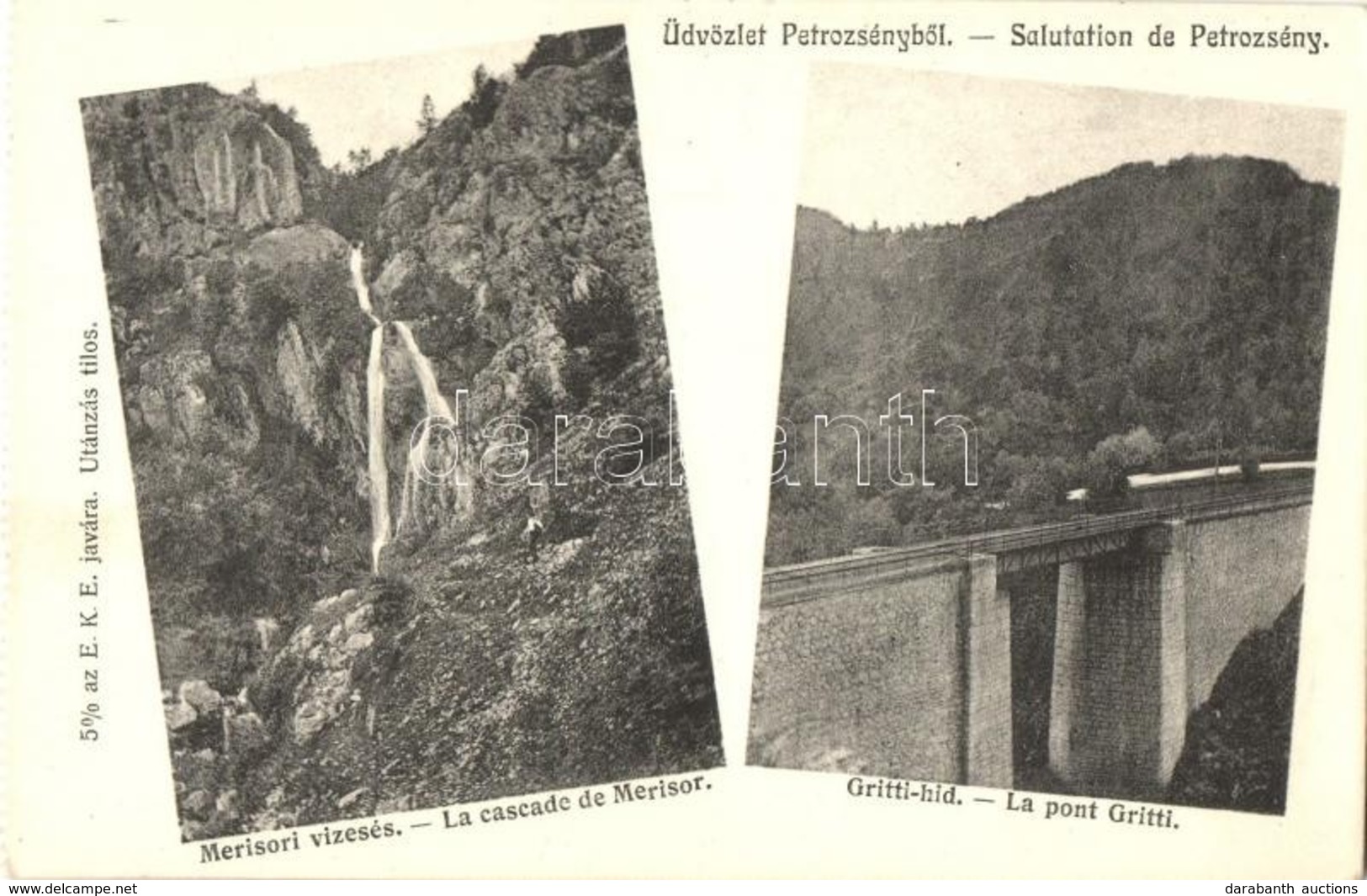 ** T2/T3 Petrozsény, Petrosani; Merisori Vízesés, Gritti Híd. 5% Az EKE Javára / Waterfall, Railway Bridge - Unclassified