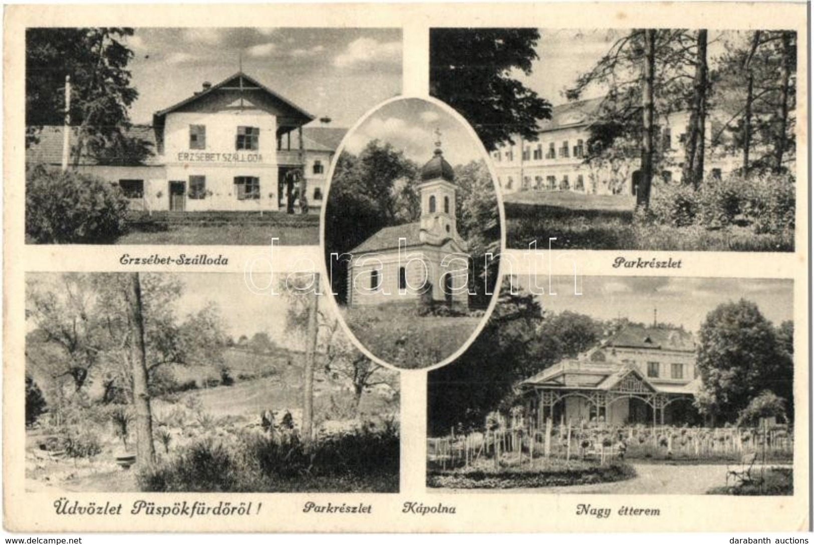 T2/T3 Püspökfürdő, Baile 1 Mai (Váradszentmárton, Sanmartin); Erzsébet Szálloda, Park, Kápolna, Nagy étterem / Hotel, Pa - Ohne Zuordnung