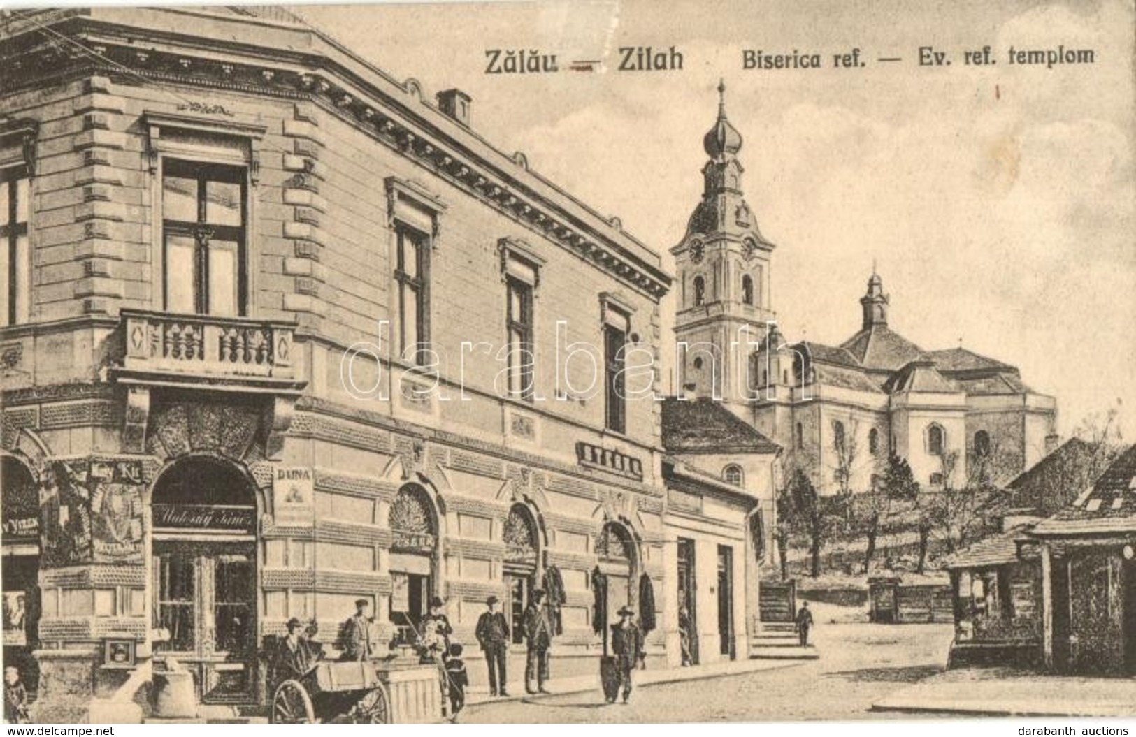 ** T2 Zilah, Zalau; Református Templom, Utcakép, Stern R. és Materny János üzlete / Street View, Shops, Church - Zonder Classificatie