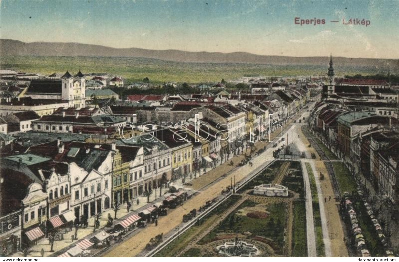 ** T2/T3 Eperjes, Presov; Látkép, Cattarino Sándor üzlete, Piaci árusok / General View, Shops, Market Vendors (EK) - Zonder Classificatie