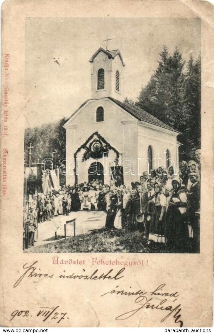 T3/T4 1902 Feketehegy, Merény, Nálepkovo; Kápolna, Tömeg. Kiadja Matz Gusztáv / Chapel, Crowd (szakadások / Tears) - Zonder Classificatie